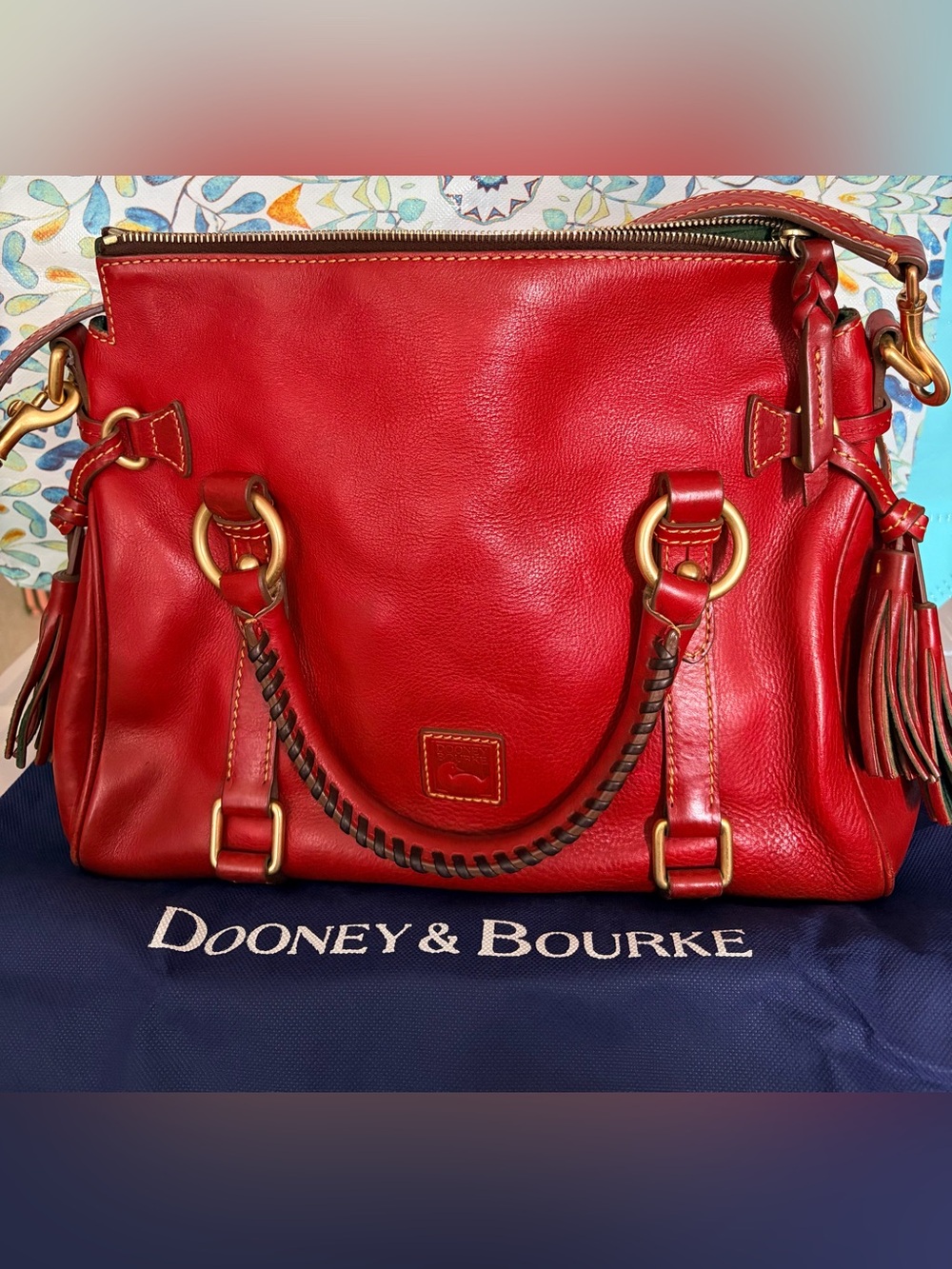 Dooney & Bourke Red Leather Shoulder Satchel with Braided Handle - Picture 2 of 8